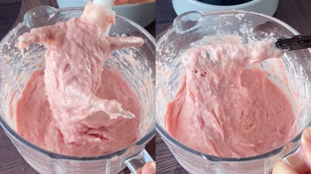 Mixing pork paste until smooth and sticky